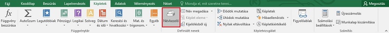 Névkezelő menüpont elhelyezkedése a Képletek szalagon belül