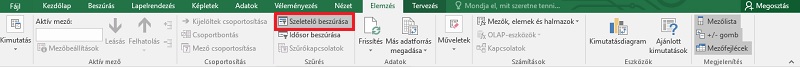 A Szeletelő beszúrása menüpont elhelyezkedése az Elemzés szalagon