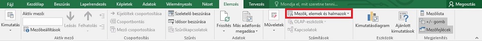 Mezők, elemek és halmazok menüpont elhelyezkedése az Elemzés szalagon
