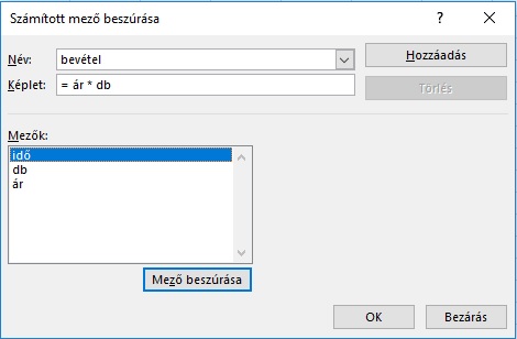 A számított mező bemenő adatainak és képletének megadása