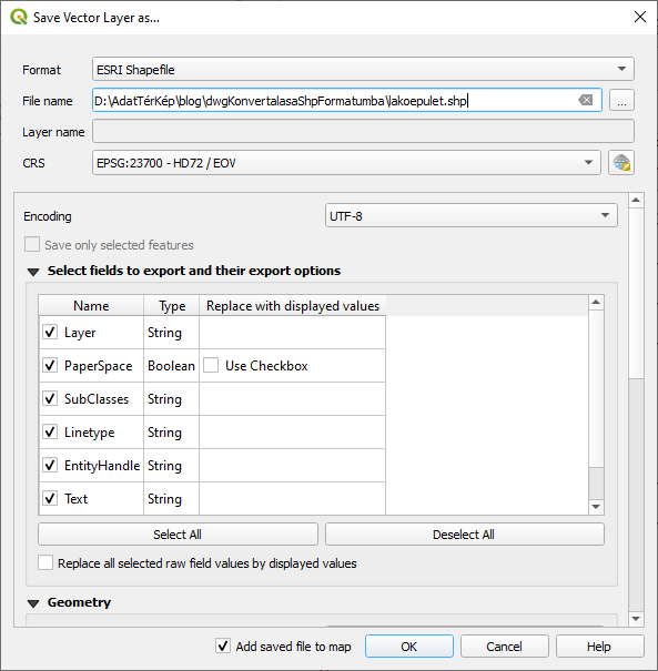 QGIS - DXF exportálása SHP formátumba