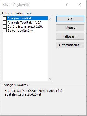 Excel-bővítmények bekapcsolása