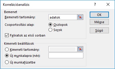 Korrelációanalízis beállításai