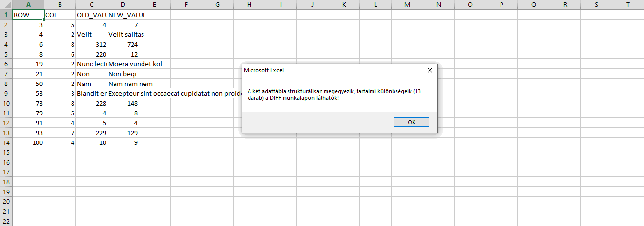 Excel makró - Két adattábla összehasonlítása: tartalmi különbségek listája