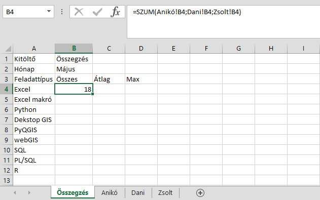 Excel - Műveletek munkalapok azonos celláival - Cellák egyesével kijelölve