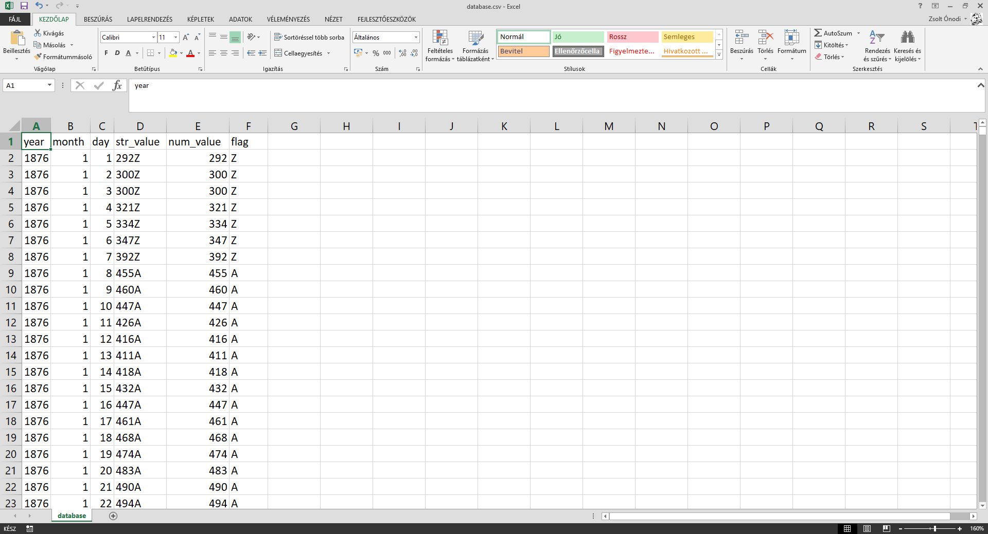 Excel - A Python szkript által készített CSV fájl tartalma