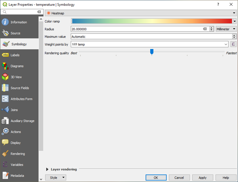 QGIS - Heatmap vizualizáció beállításai
