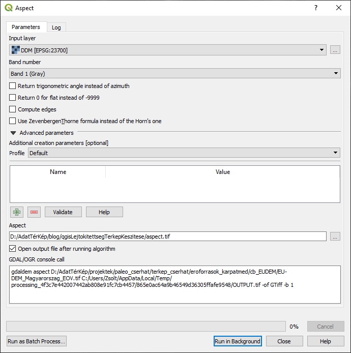 QGIS - Aspect tool beállításai