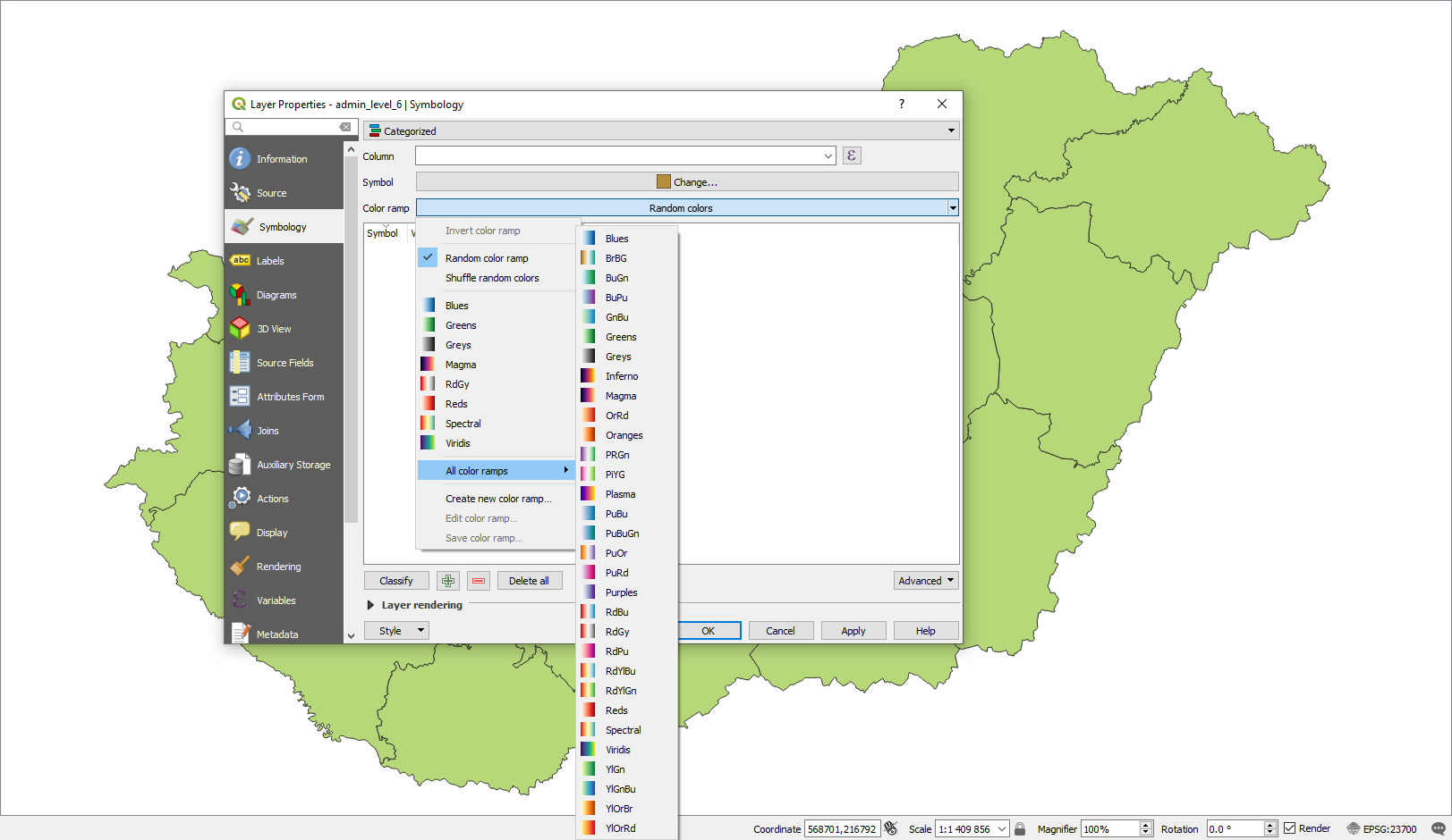 QGIS - Alapértelmezetten elérhető színskálák
