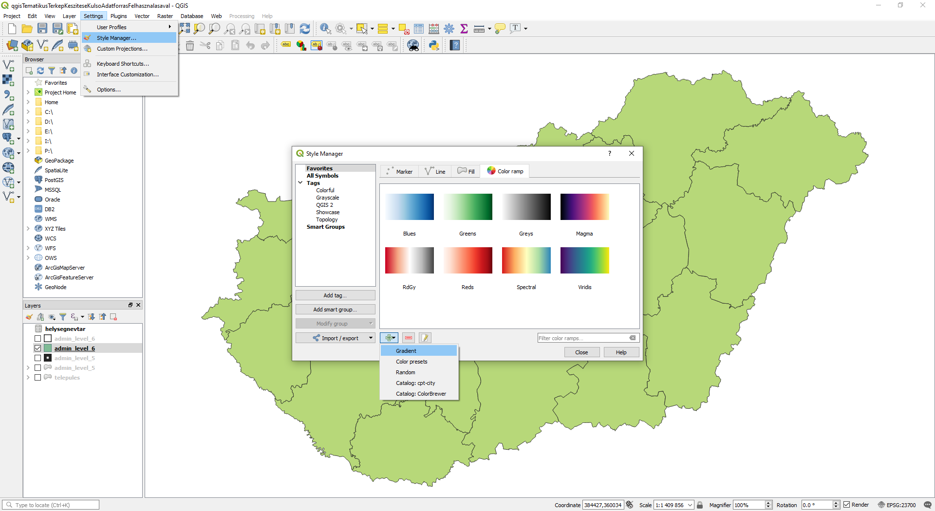 QGIS - Új színskála létrehozása Style Manager-en keresztül