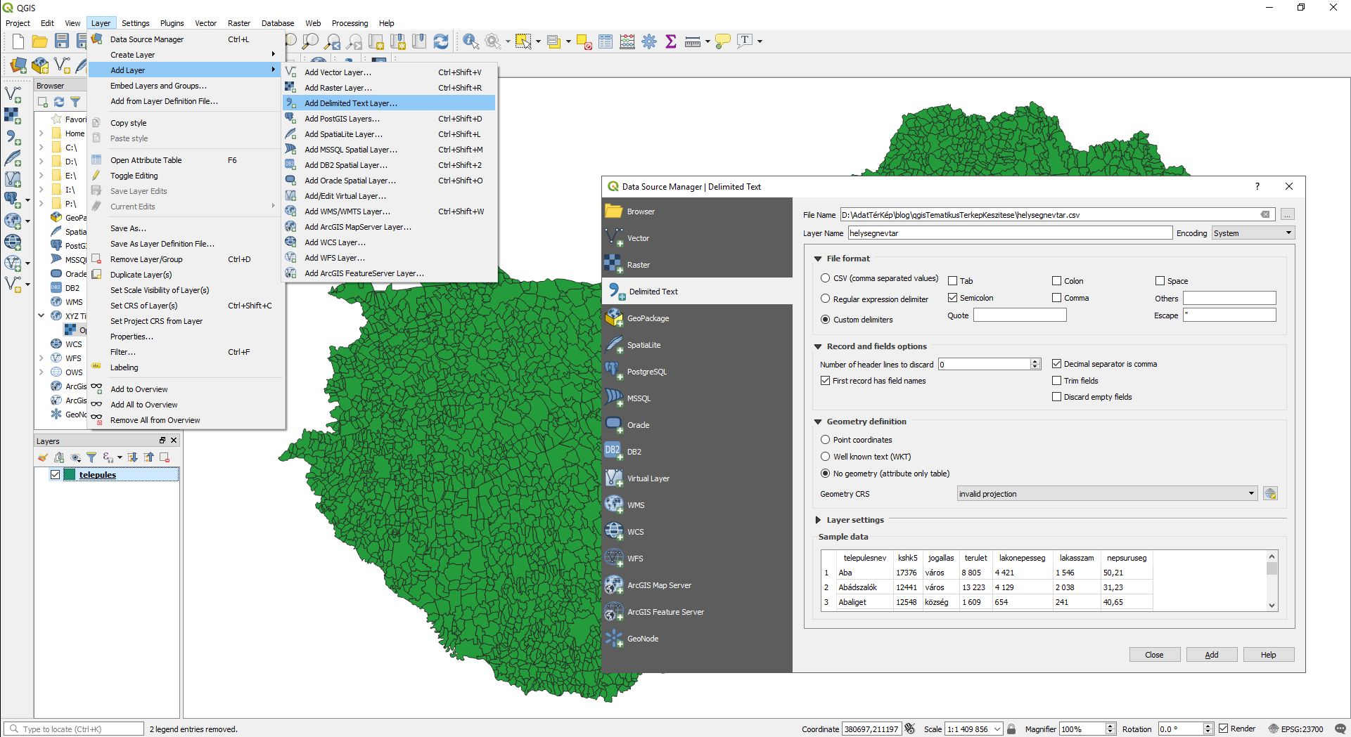 QGIS - Külső alfanumerikus adatforrás hozzáadása a projekthez