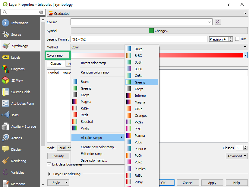 QGIS - Színskála kiválasztása