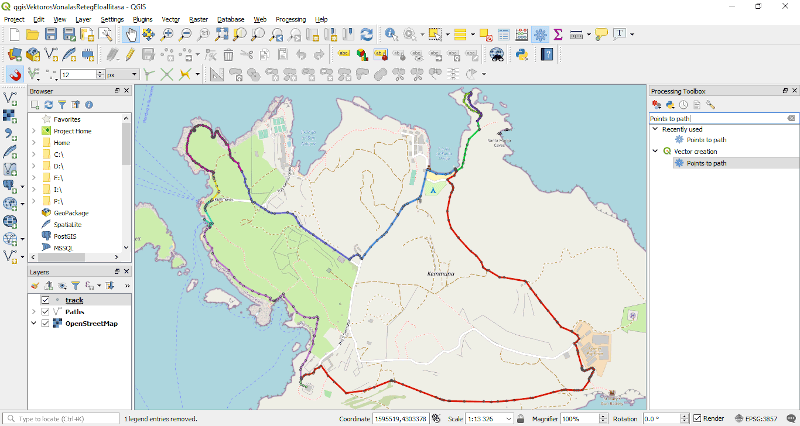 QGIS - Points to path tool eredménye