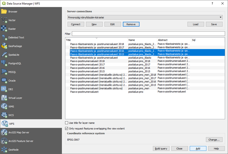 QGIS - A WFS-ben elérhető rétegek listája