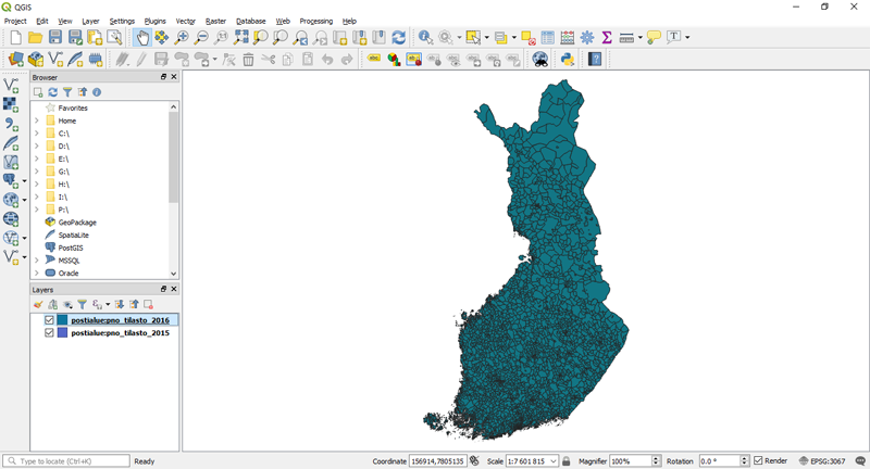 QGIS - A 2015-ös és 2016-ös finn irányítószám-körzetek