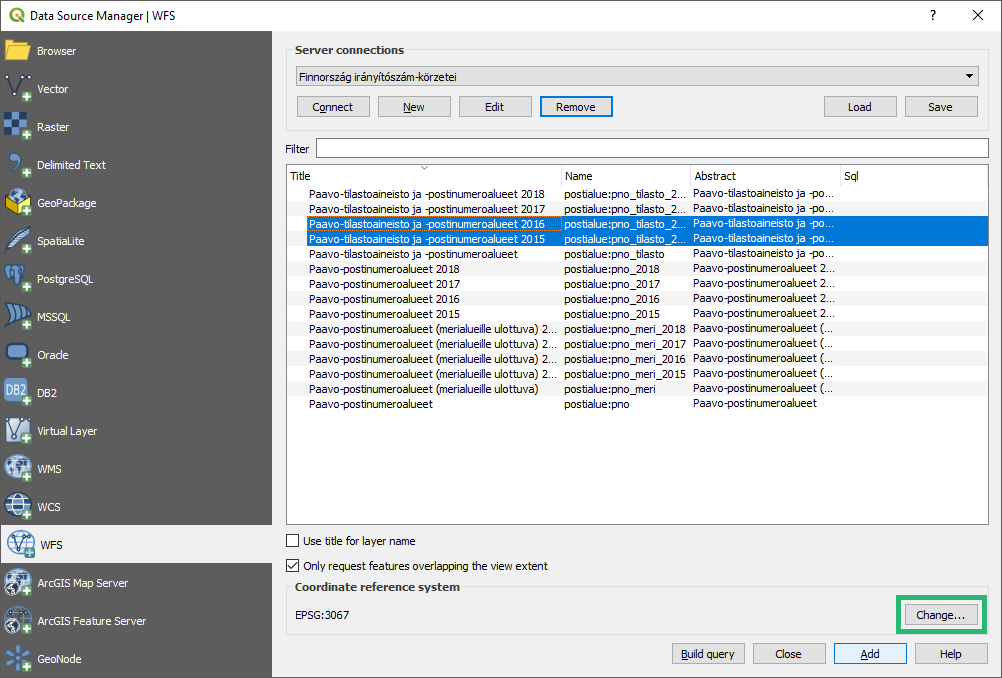 QGIS - WFS réteg vetületének választása