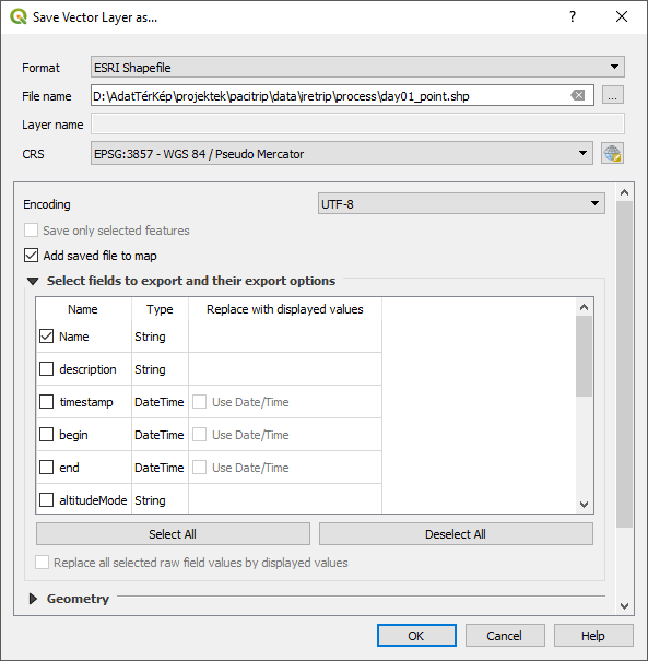 PaciTrip - Réteg mentése shapefájlként QGIS-ben