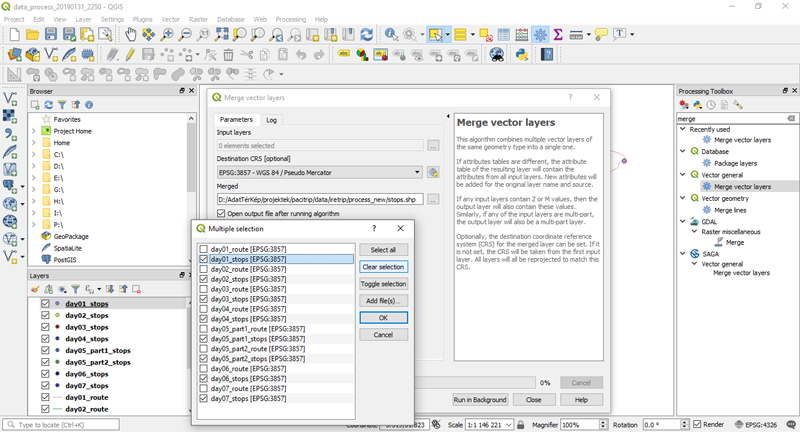 PaciTrip - Merge vector layers tool futtatása