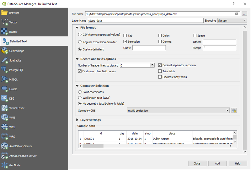 PaciTrip - CSV fájl hozzáadása Delimited Text Layerként a QGIS projekthez